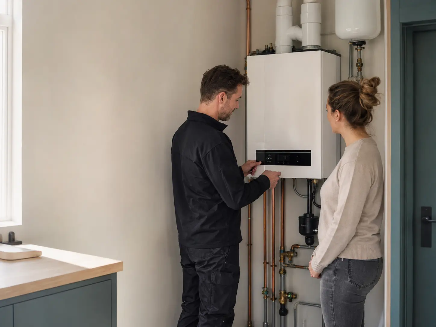 Installateur inspecteert samen met een woningeigenaar een verwarmingsinstallatie