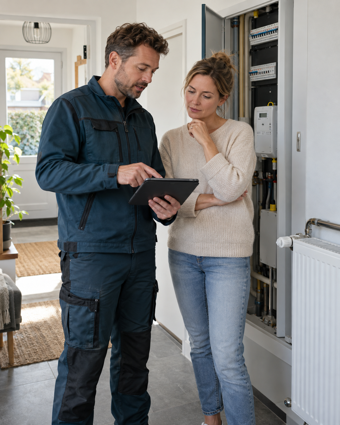 Installateur bespreekt de meterkast en radiatoren met een woningeigenaar