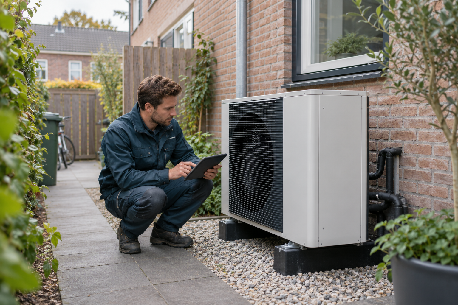 Installateur controleert de capaciteit van een buitenunit bij een Nederlandse woning